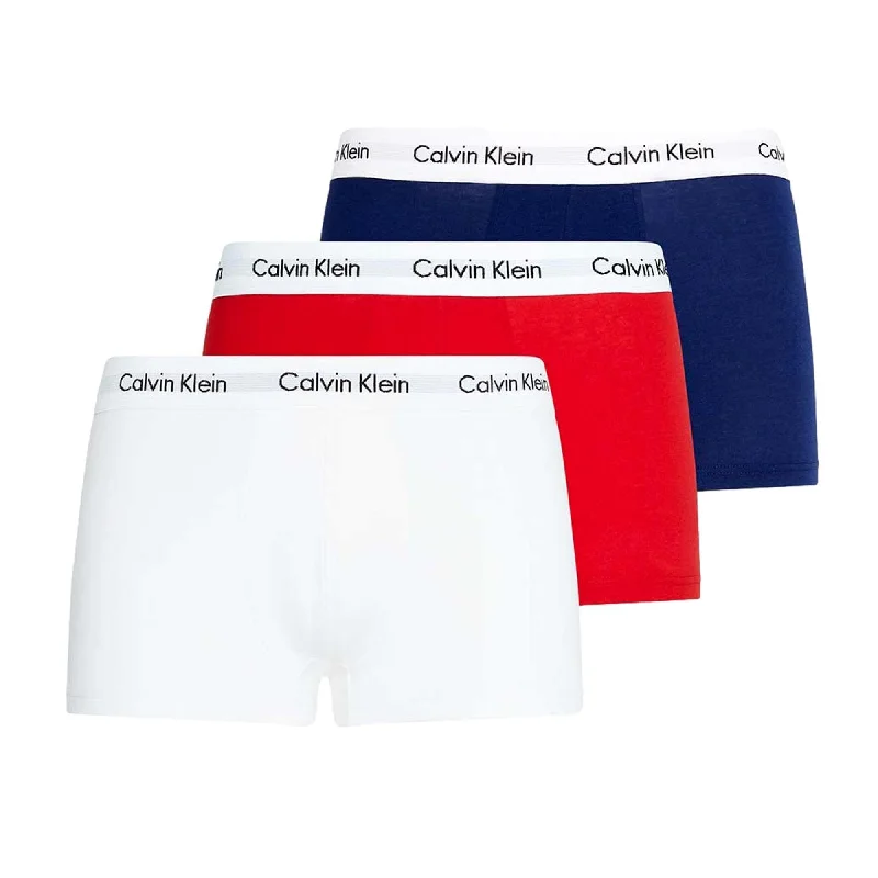 Men's trunks with a contoured pouch designCalvin Klein 3 Pack Cotton Stretch Low Rise Trunks - White/Red/Blue