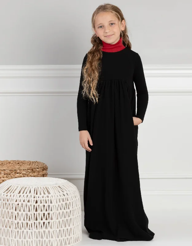 Long - length men's robes for full - body coverageGirls Jersey Maxi Dress Shabbos Robe with Contrast Turtle Neck Black Red