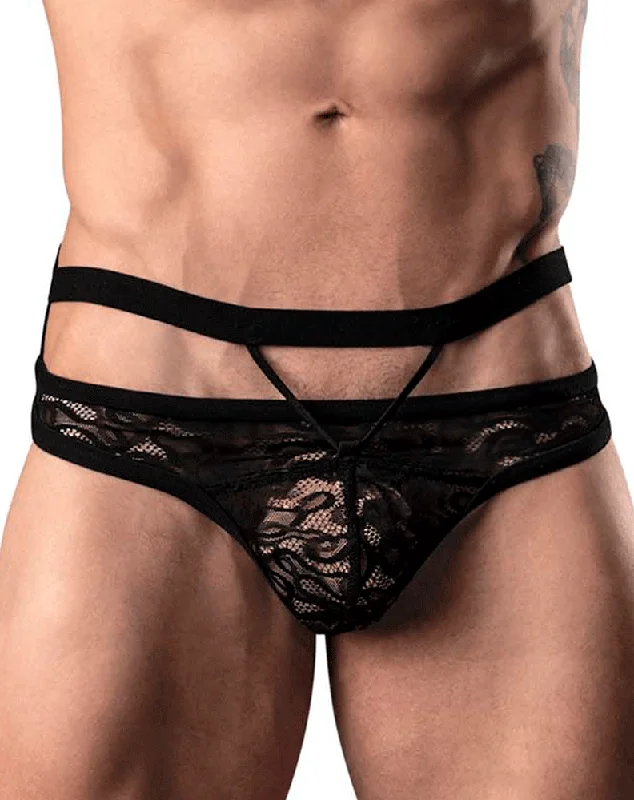 Elastic - banded men's thongs for a secure fitMale Power 446-289 Lucifer Cut Out Strappy Thong Black