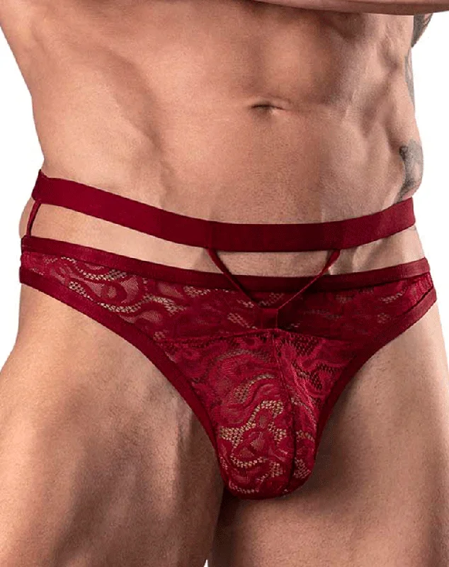 Performance men's thongs for active useMale Power 446-289 Lucifer Cut Out Strappy Thong Burgundy