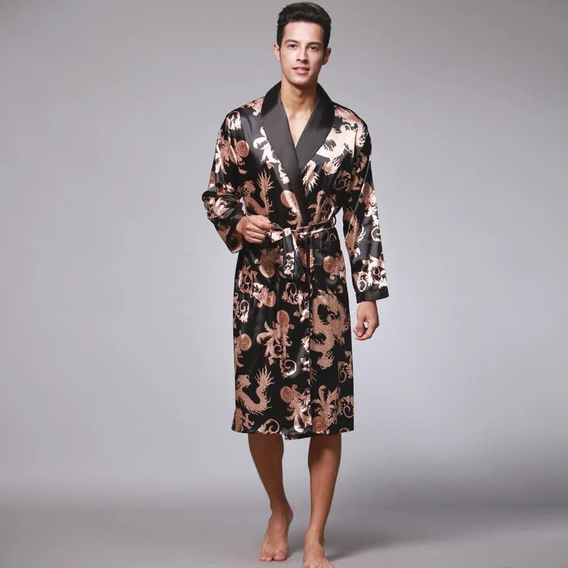 Cotton men's robes with a classic shawl collarMen Summer Autumn Kimono Bath Robe Silk Satin Golden Dragon Long Bathrobe Dressing Gown Knee Length Black Sleepwear