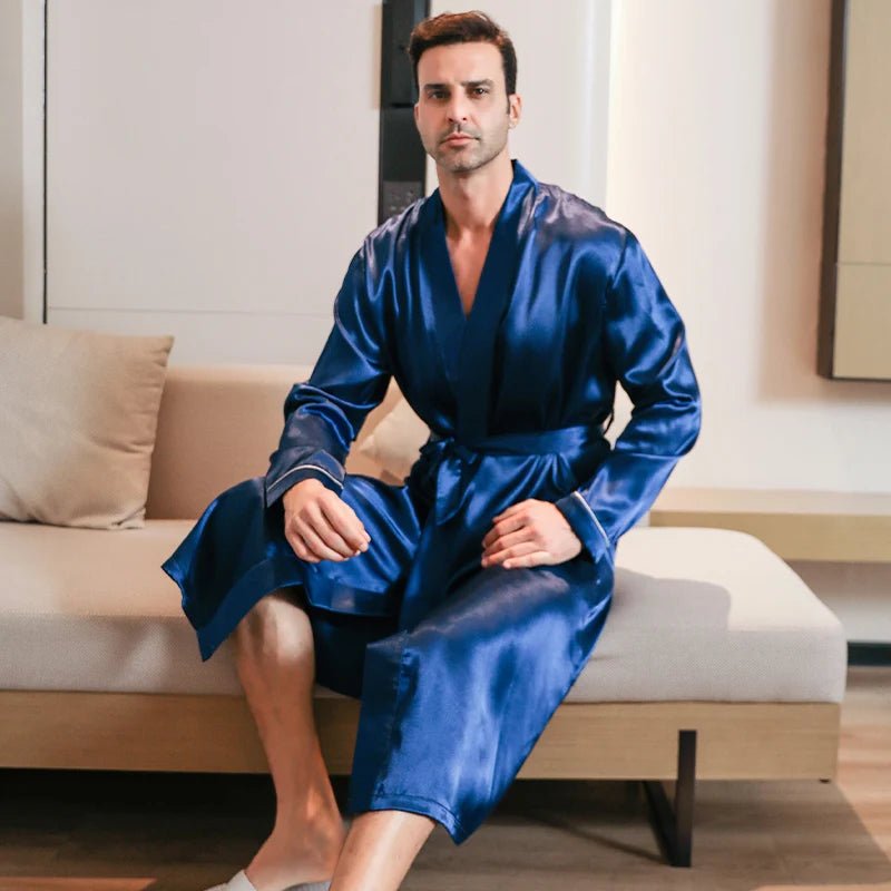 Men's robes with a hidden button closureMen's spring and autumn silk thin style oversized pyjamas long sleeved bathrobes ice silk bathrobes home clothing summer