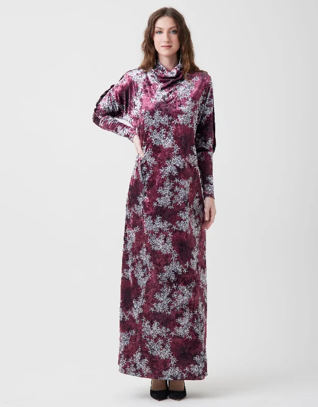 Men's robes with multiple pockets for conveniencePrint Crushed Velvet Funnel Neck Maxi Dress Shabbos Robe Wine