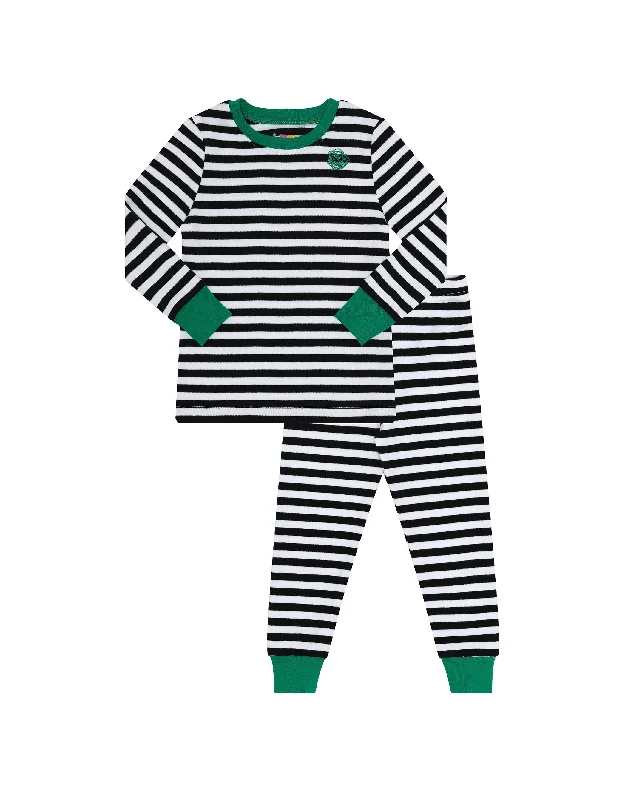 Men's robes with a hidden button closureStriped Pima Cotton Kids Pajamas Legging Playwear Set With Scribble Patch Black Green