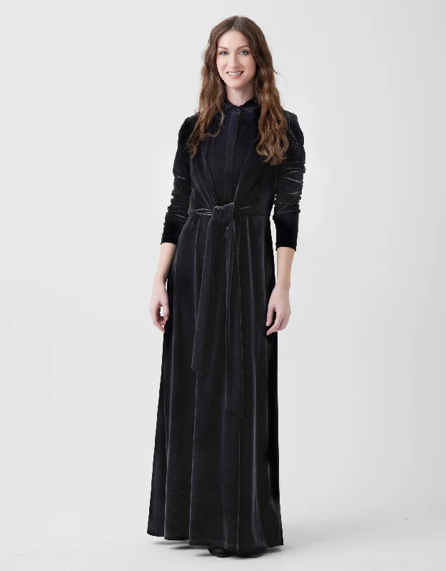 Beach - themed men's robes for a vacation vibeTie Front Velvet Maxi Dress Shabbos Robe with Collar and Hidden Buttons Black