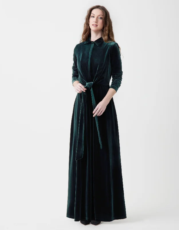 Long - length men's robes for full - body coverageTie Front Velvet Maxi Dress Shabbos Robe with Collar and Hidden Buttons Forest