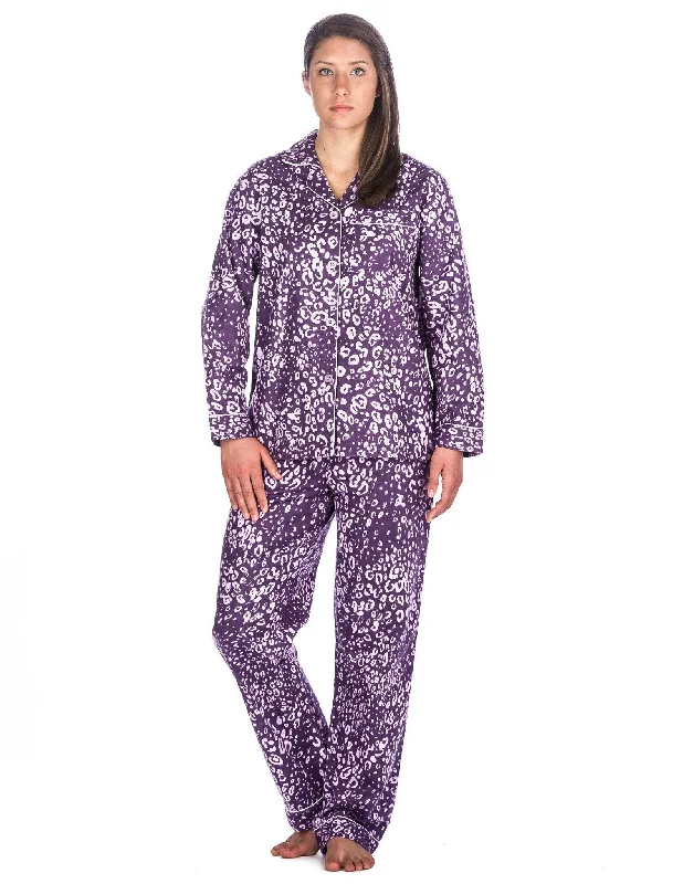 Long - length men's robes for full - body coverageRealxed Fit Womens 100% Cotton Flannel Pajama Sleepwear Set - Leopard Purple