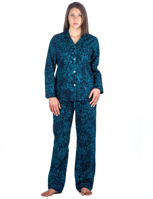 Jacquard - patterned men's robes for a stylish appearanceRealxed Fit Womens 100% Cotton Flannel Pajama Sleepwear Set - Leopard Blue