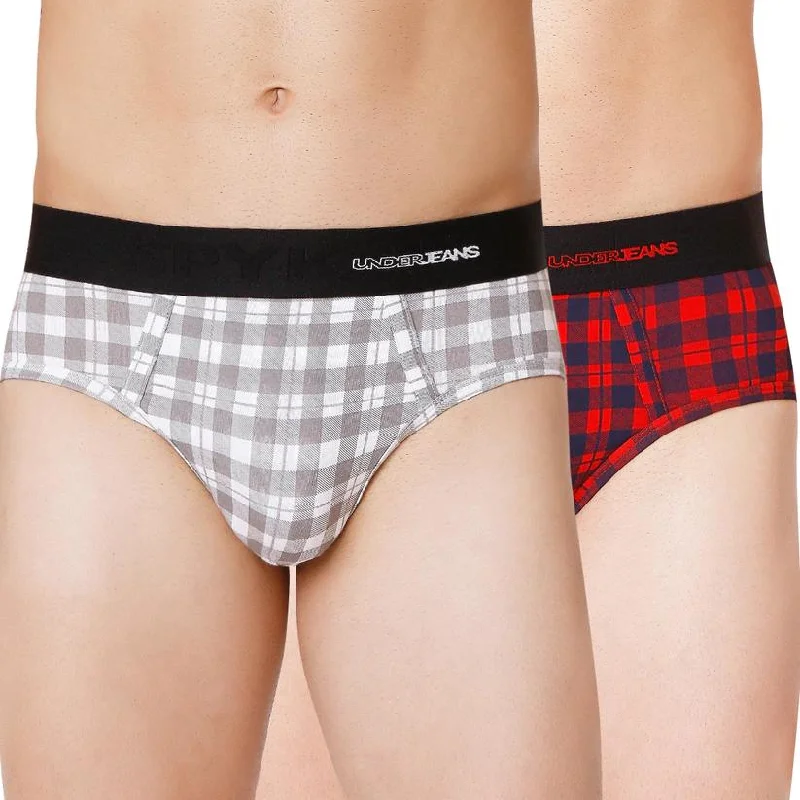 Light - weight men's briefs for summer wearMen Premium Blue Check & White Check Cotton Blend Brief (Pack Of 2)- Underjeans By Spykar