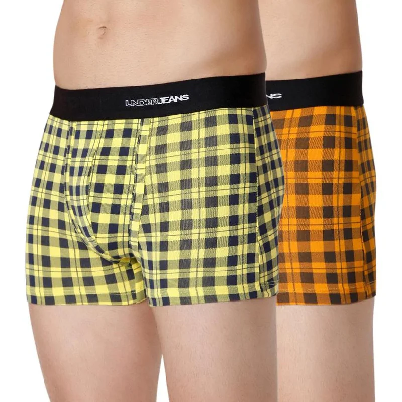 Patterned men's trunks, like camo or dotsMen Premium Orange Check & Yellow Check Cotton Blend Trunk (Pack Of 2)- Underjeans By Spykar