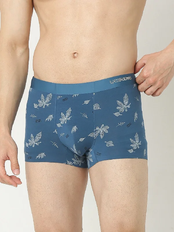 Patterned men's trunks, like camo or dotsUnderjeans By Spykar Men Super Premium Printed Bonded Elastic Teal Blue Trunk