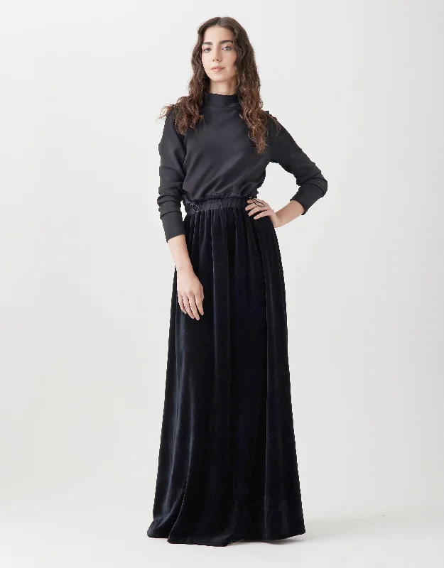 Men's robes made from sustainable materialsVelour Maxi Dress Shabbos Robe with Attached Jersey Overlay Bungee Top Black