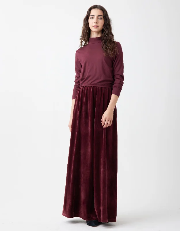 Loungewear - style men's robes for casual daysVelour Maxi Dress Shabbos Robe with Attached Jersey Overlay Bungee Top Wine